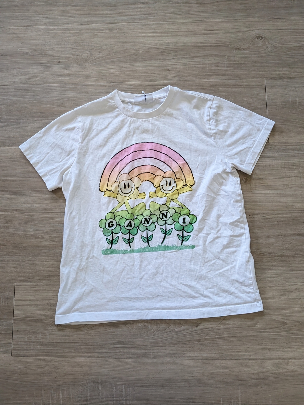 Ganni White Pastel Rainbow & Flower Graphic Tee - Picture 2 of 8